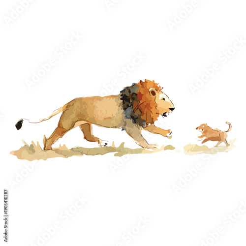 Playful Watercolor Lion and Cub Running Illustration.