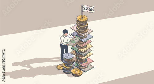 Man Standing Next to Stacked Coins.