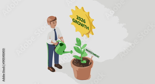 Man Watering Small Potted Green Plant.