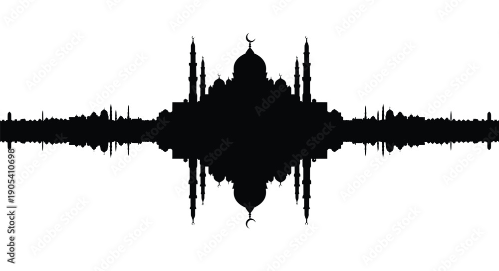 Fototapeta premium Sound Waveform Silhouette of Mosque or Dome with Minaret, Audio Visualization, Modern Minimalist Style