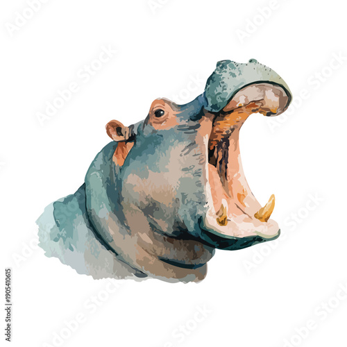 Powerful Hippopotamus Yawning with Open Mouth Watercolor Illustration.