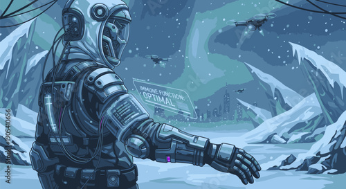 Astronaut in Space Suit Exploring Frozen Terrain.