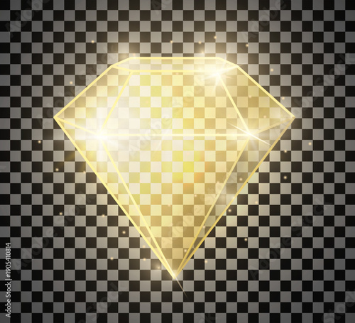 Realistic gold shiny transparent diamond isolated on transparent background. Jewelry symbol. Gem stone. 3D diamond icon. Vector illustration