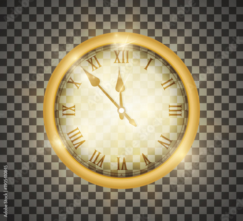Gold realistic transparent vintage clock isolated. Christmass and New Year concept. Vector illustration