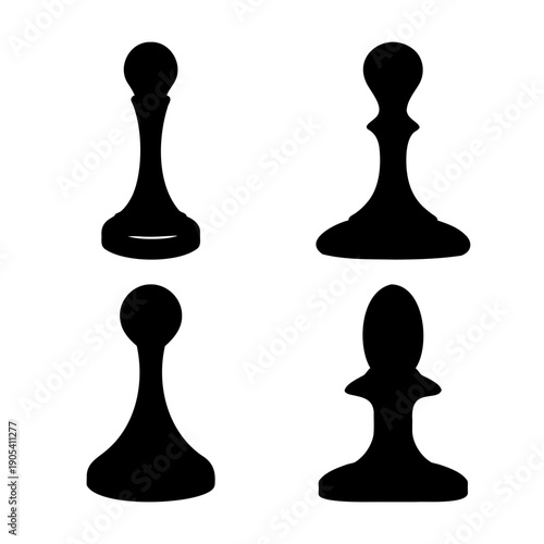 A collection of four distinct black silhouettes representing various chess pawn designs on a white background