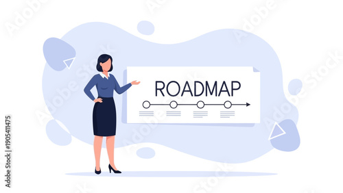 Businesswoman presenting a roadmap with milestones, planning, strategy, and goals