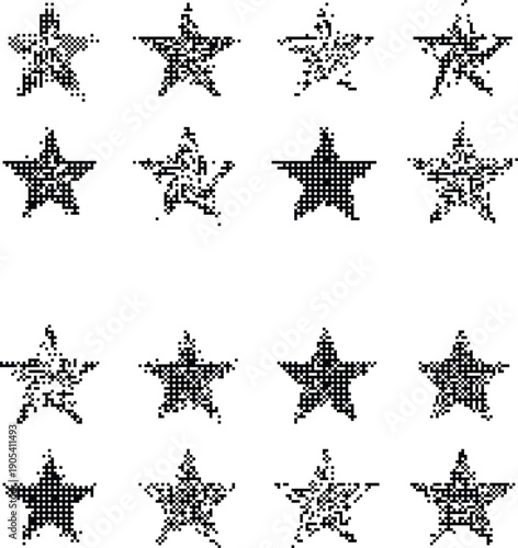 Dithered Texture star icons pixelated bitmap retro aesthetic Y2K grunge digital noise lo-fi asset isolated on transparent background vector illustration.