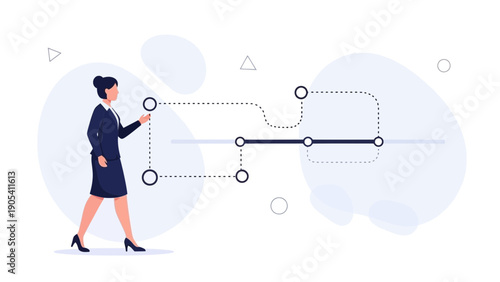 Businesswoman analyzing project timeline and strategy with flowchart