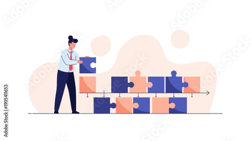 Businesswoman assembling puzzle pieces on timeline, strategy and planning concept