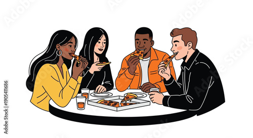 Friends sharing a pizza together at a table