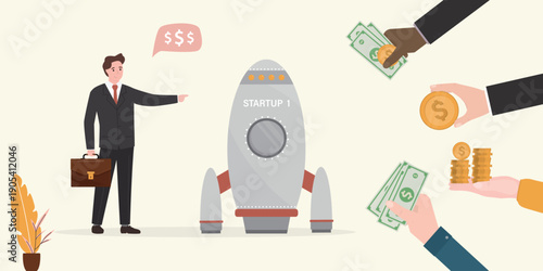 Confident businessman points to startup rocket. Advertising new business project, various people donating money to launch startup. Fundraising, crowdfunding