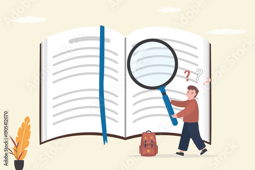 Cute student reading workbook. Information search, new knowledge, imagination. Child development. Knowledge or education, research. Smart boy reads open book with magnifying glass.