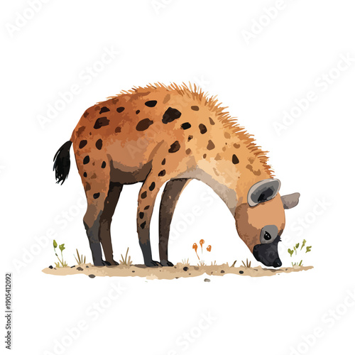 Spotted Hyena Illustration Foraging on Ground African Wildlife Cartoon Vector.
