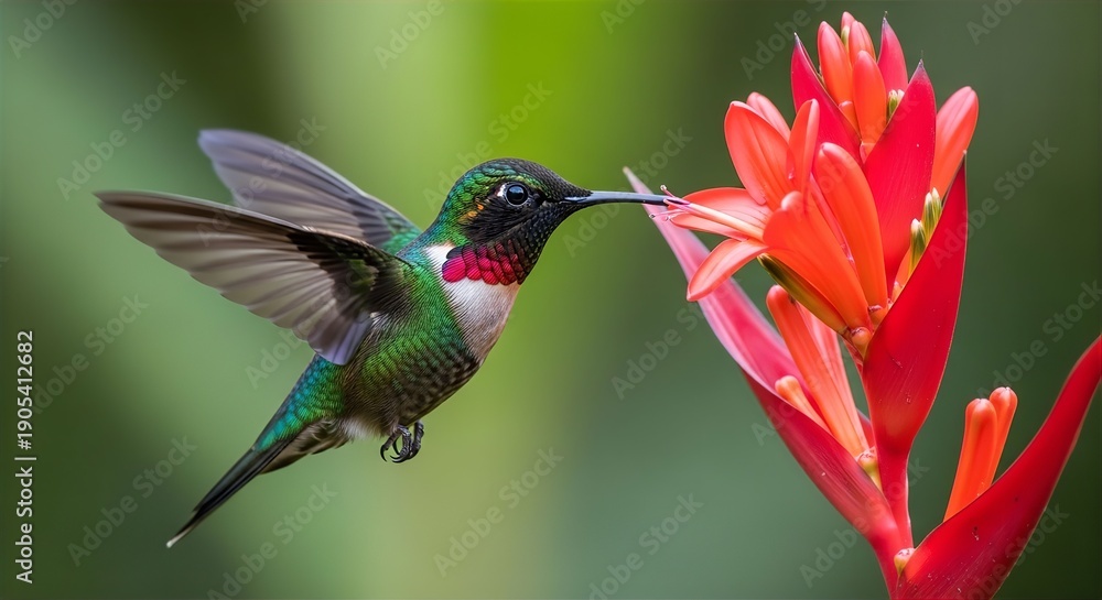 Fototapeta premium Fiery-Throated Hummingbird on Red Blossom