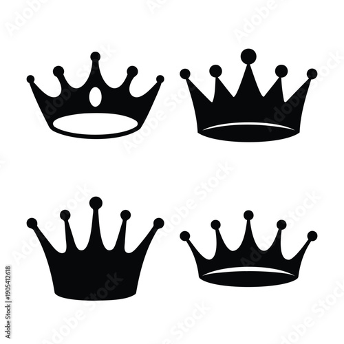 A collection of four regal black crown silhouette designs perfect for various graphic projects