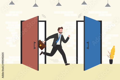 Businessman run away old job. Change of job, career transition or move on to new opportunity, employee turnover, resignation or leaving company, employment