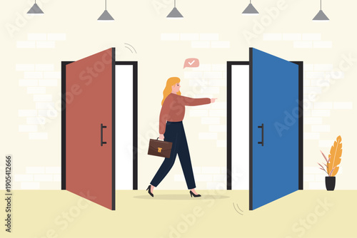Businesswoman walk away old job. Change of job, career transition or move on to new opportunity, employee turnover, resignation or leaving company, employment