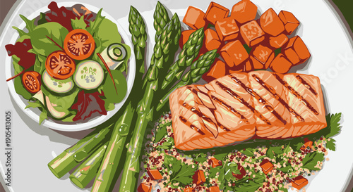 Grilled Salmon with Asparagus and Salad.