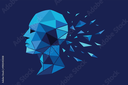 Abstract low-polygon head dissolving into geometric shapes, symbolizing digital consciousness and artificial intelligence