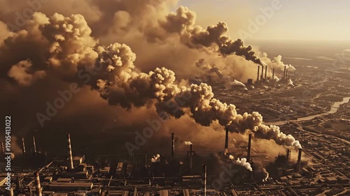 Wallpaper Mural Vast industrial complex releasing heavy pollution and smog into the atmosphere, creating a hazy, overcast sky over the cityscape. Torontodigital.ca