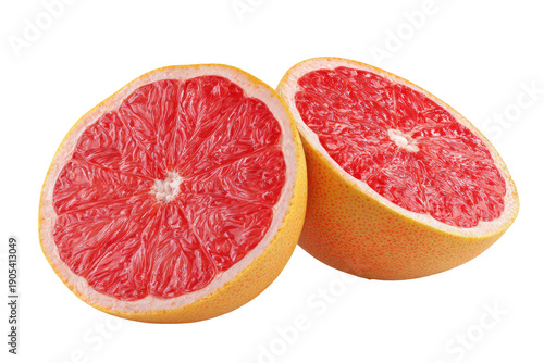 Two halves of a ripe pink grapefruit isolated on transparent background. Juicy ruby red grapefruit halves, citrus fruit isolated on white background.