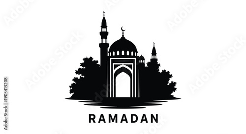 Ramadan Mosque Silhouette with Minarets and Dome in Simple Design