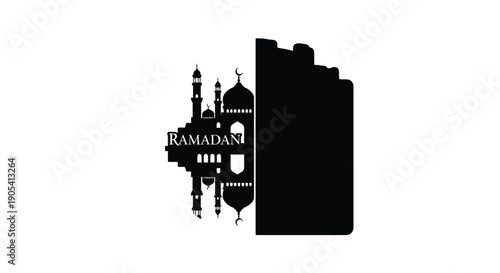 Ramadan silhouette with mosque and cityscape in black and white