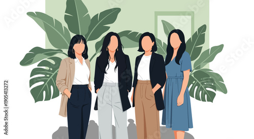 Four women standing in front of tropical plants