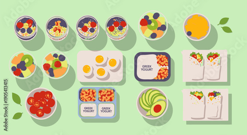 Assorted Breakfast Foods in Containers and Packaging.