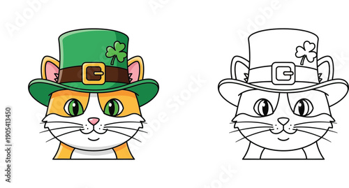 Cute cat wearing green leprechaun hat. Vector illustration with colored and outline versions for coloring book activity.