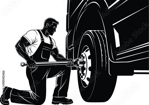 Muscular mechanic in overalls kneeling to repair a large truck tire using a heavy duty wrench in a stylized black and white graphic.