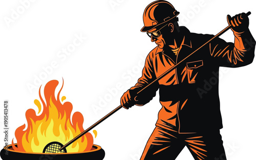Skilled worker wearing protective gear intently focuses on manipulating molten material over intense heat using a long rod.