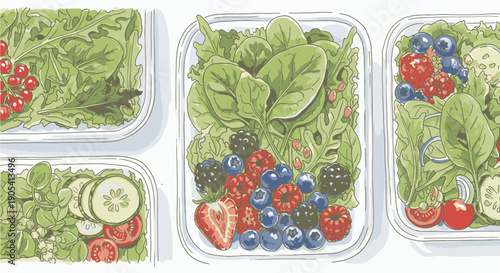 Fresh Mixed Berries and Greens in Containers.