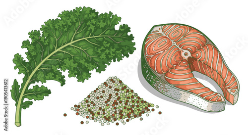 Fresh Parsley Leaves and Salmon Steak with Pepper.