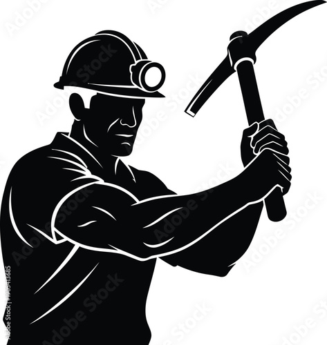 Muscular silhouette of a determined miner wearing a hard hat with a headlamp preparing to strike with a pickaxe illustration