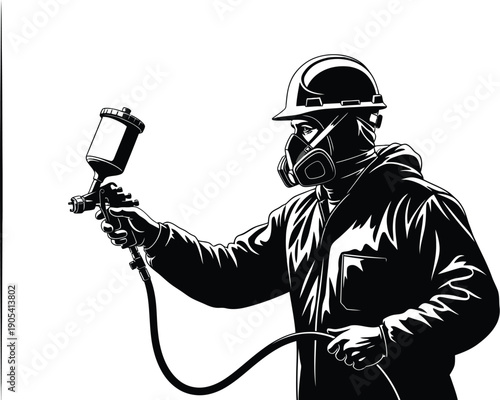 Industrial worker wearing protective gear and holding a professional paint spray gun ready for automotive finishing or large-scale coating application.