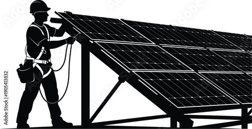 Silhouette of a technician wearing a safety harness installing or servicing a large array of photovoltaic solar panels in bright conditions
