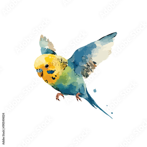 Vibrant Flying Budgerigar Watercolor Parrot Illustration.