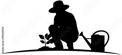Gardener silhouette tending young plant with watering can, minimalist black and white line art illustration of sustainable nature care.