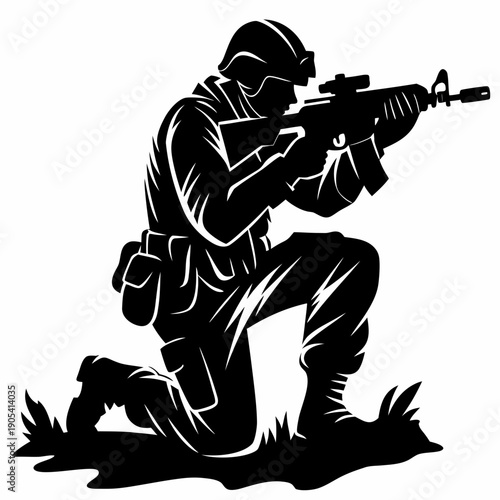 Kneeling Military Soldier Silhouette with Assault Rifle Vector Illustration