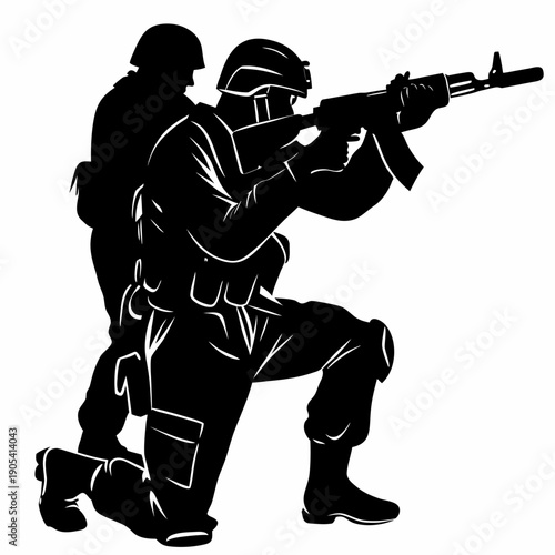 Kneeling Military Squad Silhouette with Tactical Assault Rifles Vector