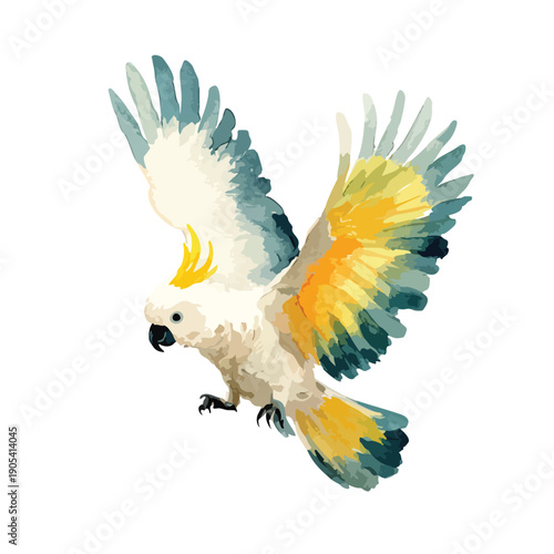Vibrant Flying Cockatoo Watercolor Illustration.