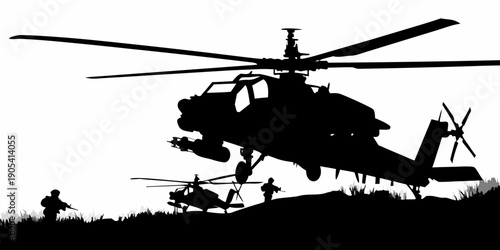 military attack helicopter and tactical soldier silhouette mission vector