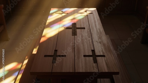 Sacred Light on Wooden Altar with Cross Inlays and Stained Glass