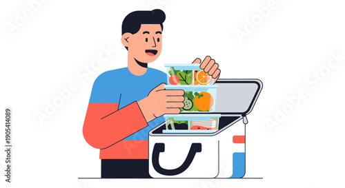 Man holding food from cooler box.