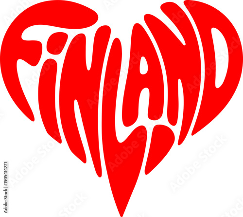 A red heart shape formed from the letters of the word Finland.