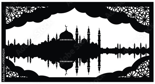 Islamic mosque silhouette with reflection in water, ornate frame, black and white, serene atmosphere