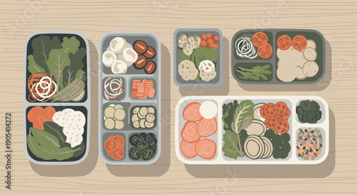 Assorted Sushi and Ingredients in Containers.