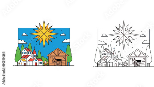 Christmas Nativity scene vector illustration set featuring a bright Star of Bethlehem over a village and stable with animals, colored and black line art outline styles for coloring books.