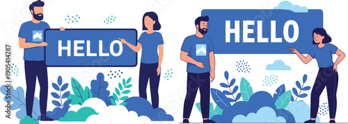 Diverse group of people holding signs with a welcoming hello message